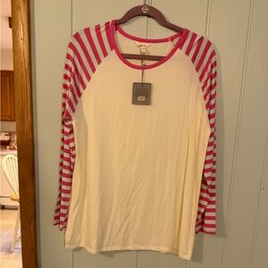 Matilda Jane women’s Pink and White Striped Long Sleeve Shirt size large, NWT